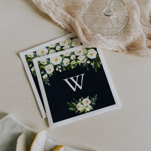 Green White Floral Royal Blue Monogram Wedding Napkins