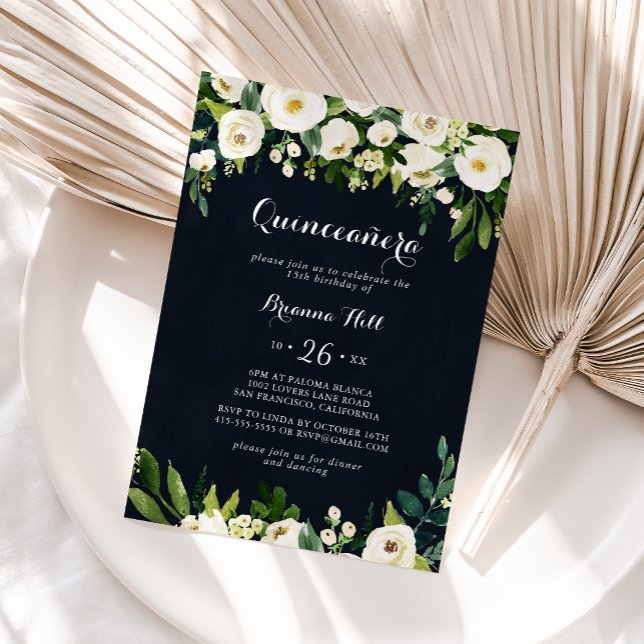 Green White Floral Royal Blue Quinceañera  Invitation (Creator Uploaded)