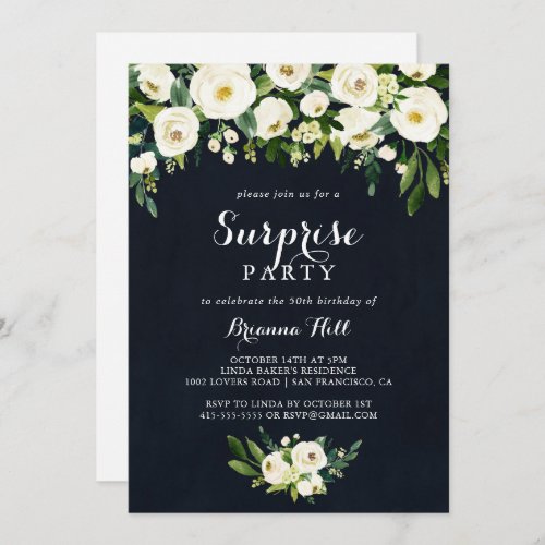 Green White Floral Royal Blue Surprise Party  Invitation