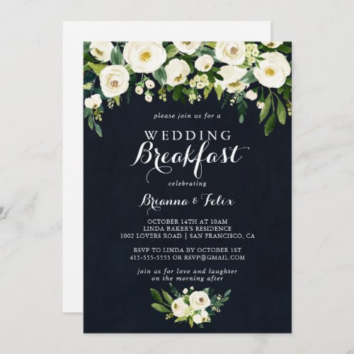 Green White Floral Royal Blue Wedding Breakfast  Invitation