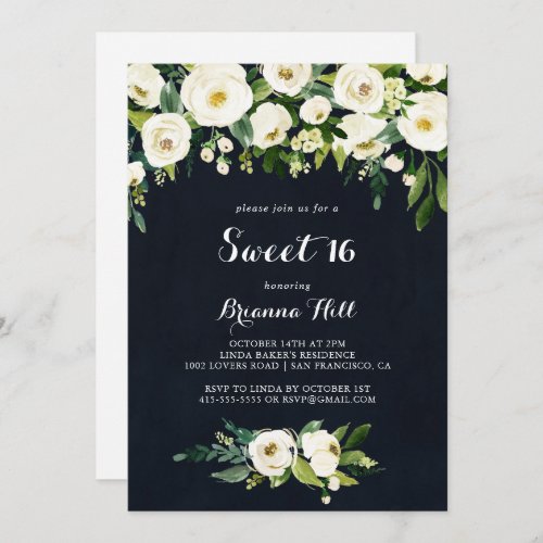 Green White Floral Sweet Blue 16 Birthday Party  Invitation
