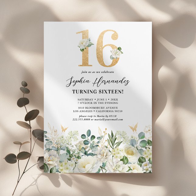 Green & White Floral Sweet Sixteen Birthday Party Invitation (Creator Uploaded)