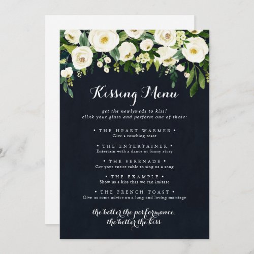 Green White Floral Wedding Kissing Menu Game Card
