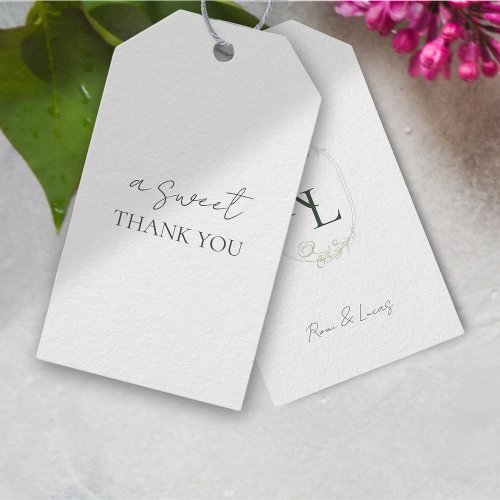 Green  White Floral Wedding Monogram Thank You Gift Tags