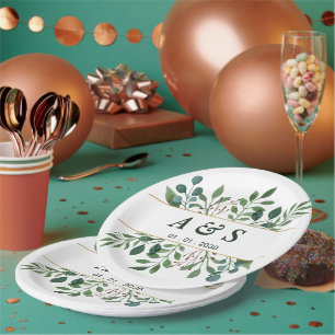 Green White Floral Wedding Paper Plates