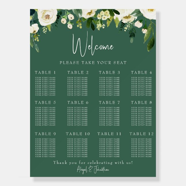 Green White Floral Wedding Seating Chart Foam Board (Front)