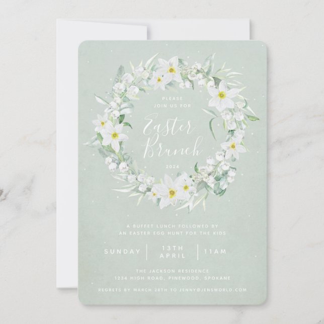 Green + White Floral Wreath Easter Brunch Invitation (Front)