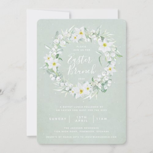 Green  White Floral Wreath Easter Brunch Invitation