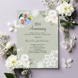 Green white florals photo 25th wedding anniversary invitation