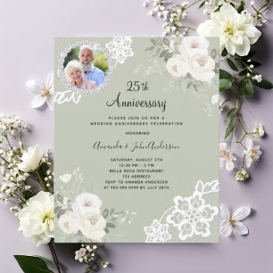 Green white florals photo 25th wedding invitation