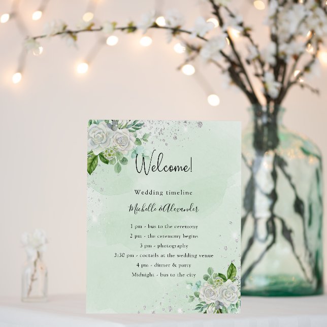 Green white florals wedding timeline foam board (In Situ (Wedding))