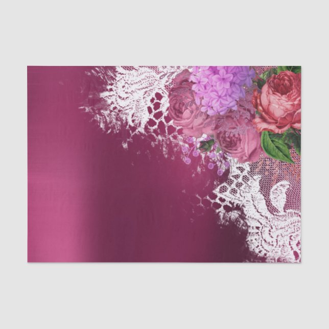 Green White Flower Pink Peony Gray Burgundy Floral Tissue Paper (Front)