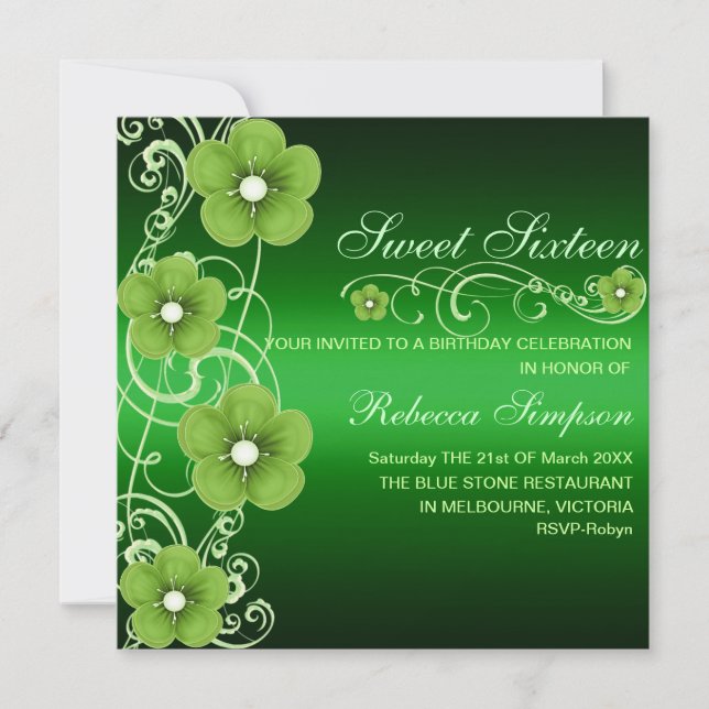 Green/White Flower Swirl Sweet16 Birthday Invite (Front)