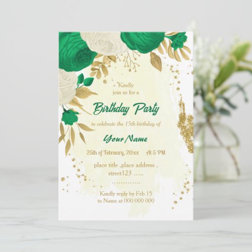 green  white flowers gold birthday party invitation