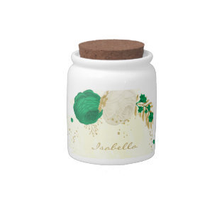 green white flowers gold botanical candy jar
