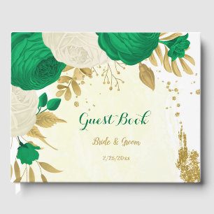 green & white flowers gold botanical wedding guest book