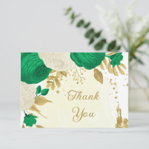 green & white flowers gold botanical wedding thank you card