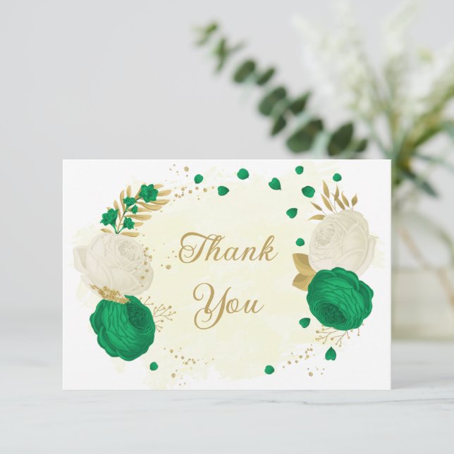 green & white flowers gold botanical wedding thank you card (Standing Front)