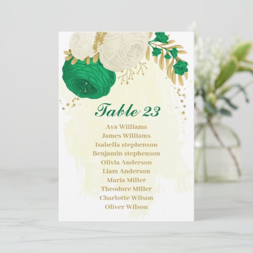 green  white flowers gold seating chart card