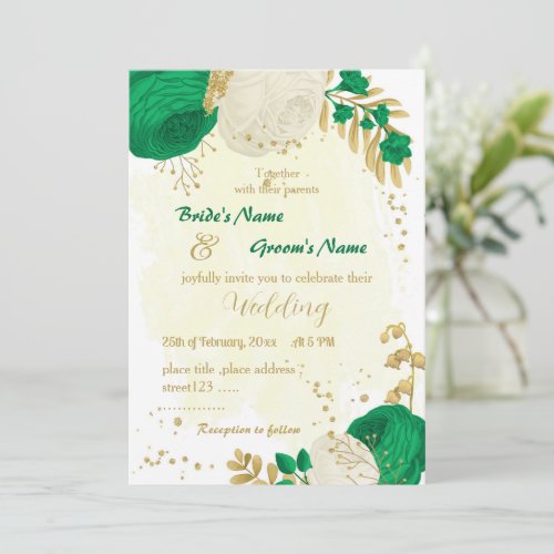 green  white flowers gold wedding  invitation