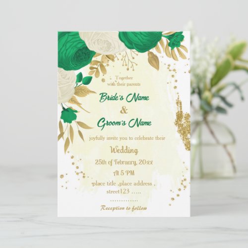 green  white flowers gold wedding invitation