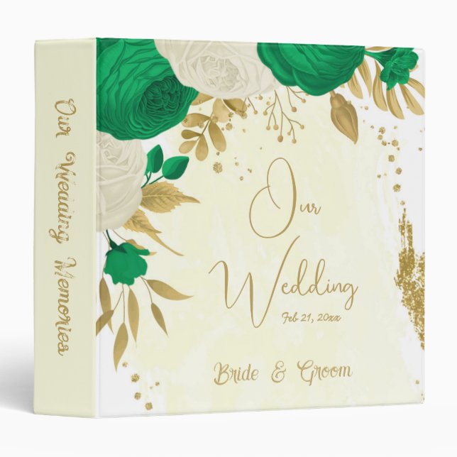 green & white flowers gold wedding photo album  3 ring binder (Front/Spine)