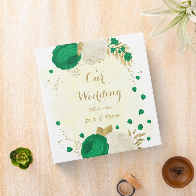 green & white flowers gold wedding photo album 3 ring binder (In Situ)