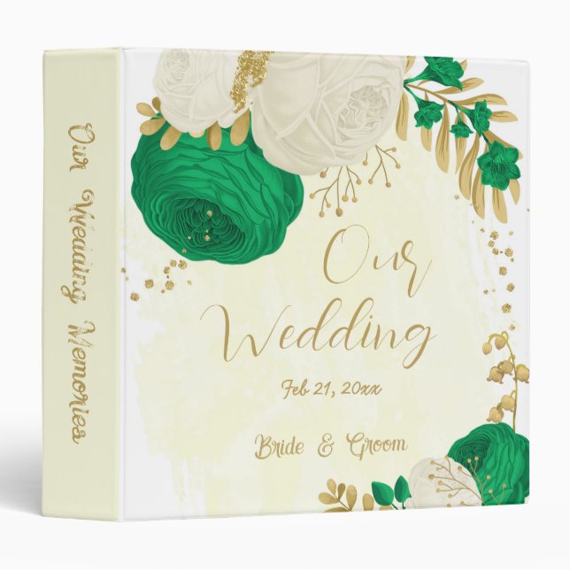 green & white flowers gold wedding photo album 3 ring binder (Front/Spine)