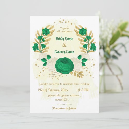 green  white flowers gold wreath wedding invitation