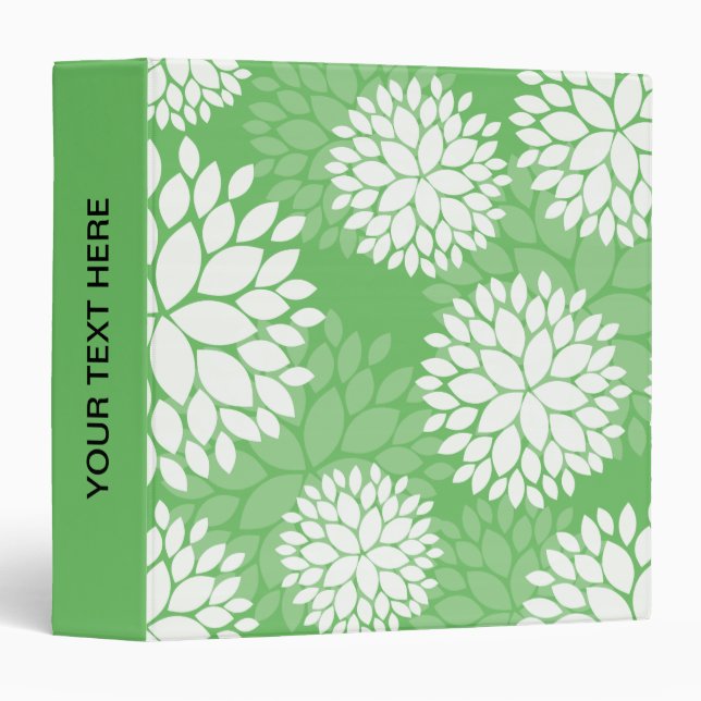 Green White Flowers Monogram 3 Ring Binder (Front/Spine)