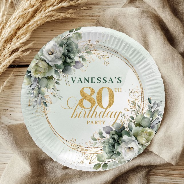 Green White Foliage 80th Birthday Boho Style Plate (Green White Foliage 80th Birthday Boho Style Plates)