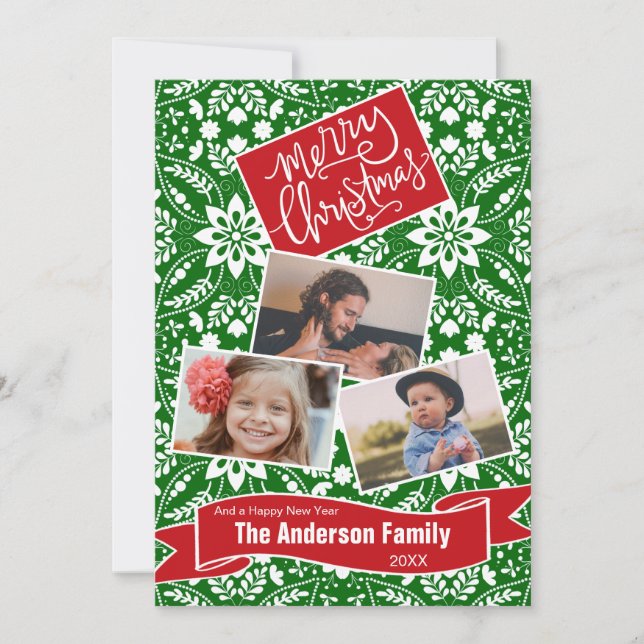 Green White Folk Floral Holiday Pattern Card (Front)