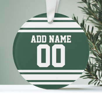 Green White Football Jersey Custom Name Number Ornament by MyRazzleDazzle at Zazzle