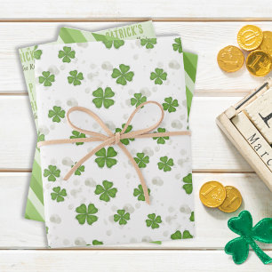 Green White Four Leaf Pattern Custom Wrapping Paper Sheets