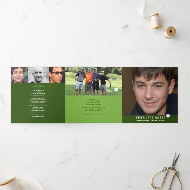 Green white Funeral service golfer custom photos Tri-Fold Program (Outside)