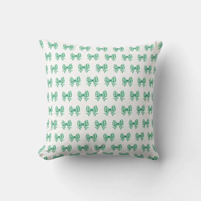 Green-white gingham bow pattern throw pillow (Front)