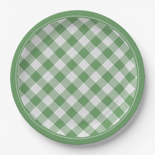 Green/White Gingham Checks Pattern Simple Plaid Paper Plates (Front)
