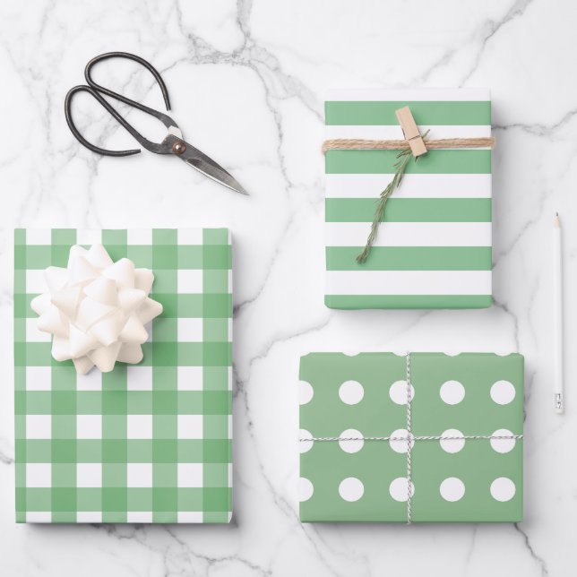 Green White Gingham Dots Striped Matching  Wrapping Paper Sheets (Front)