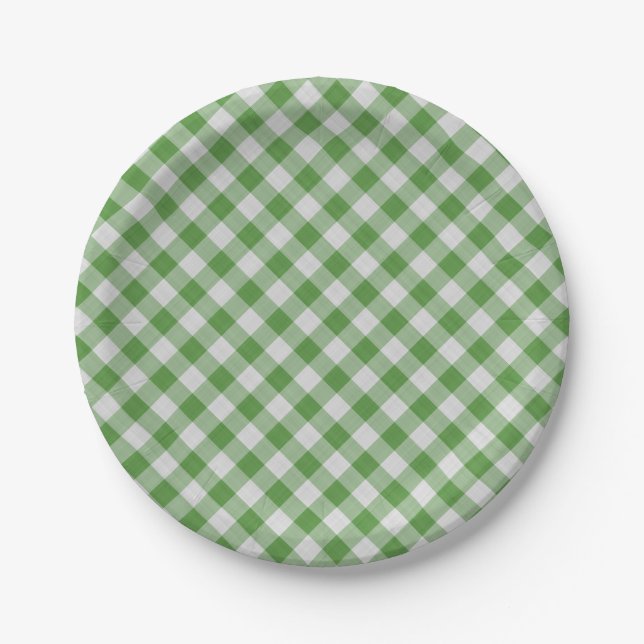 Green White Gingham Plaid Checkered Pattern Paper Plates (Front)