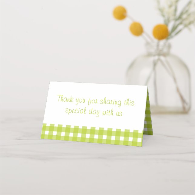 Green & White Gingham Plaid Checks Wedding Party Place Card (Front)
