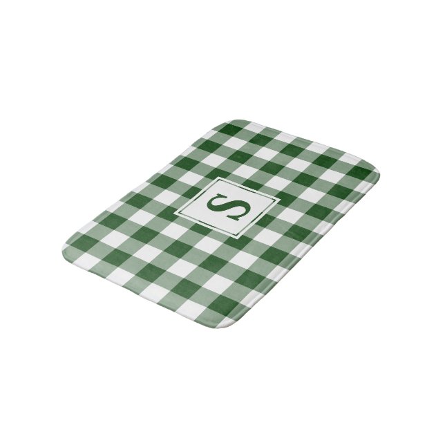 Green White Gingham Plaid Pattern Monogram Bath Mat (Angled)