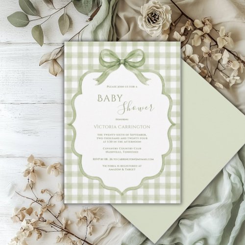 Green White Gingham Whimsical Baby Shower Invitation