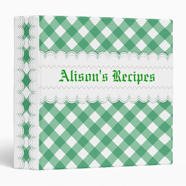 Green, white gingham with scalloped borders recipe 3 ring binder (Front/Spine)