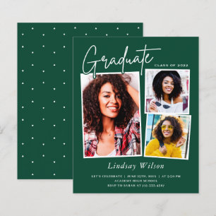 Green White Girl Three Photo Graduation Invitation