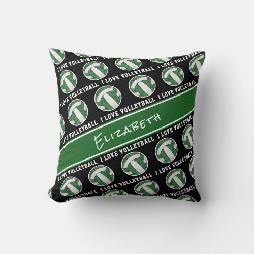 green white girls team spirit I love volleyball Throw Pillow