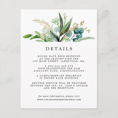 Green White Gold Botanical Wedding Guest Details Enclosure Card