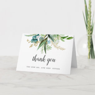 Green White Gold Botanical Wedding Photo Letterpress Thank You Card