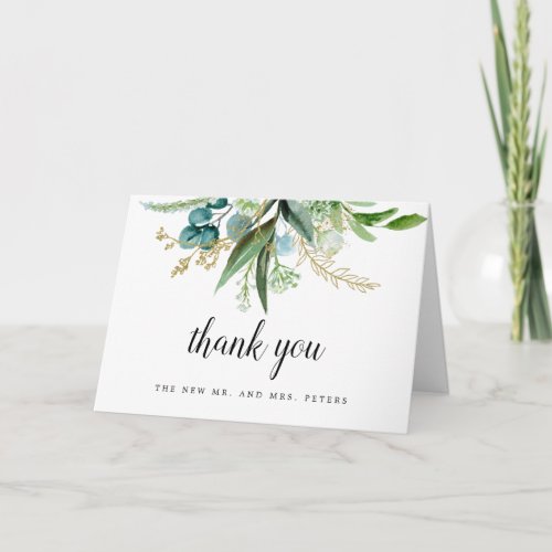 Green White Gold Botanical Wedding Photo Thank You Card