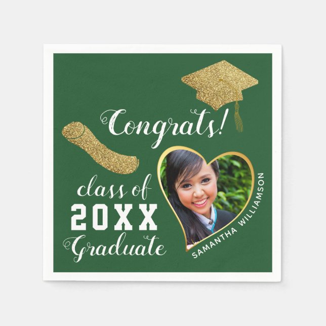 Green White Gold Class 2025 Grad Photo Graduation Napkins (Front)