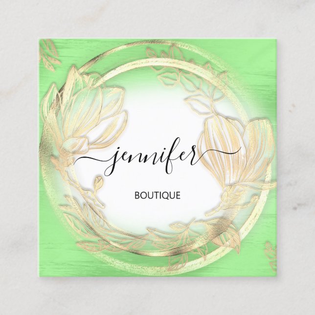Green White Gold Floral QRCode Logo  Square Business Card (Front)